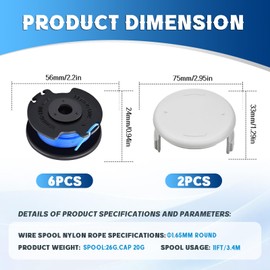 CHIHOLEN Pack of 6 Grass Trimmer Line Spool Compatible with Ryobi AC14RL3A, Replacement Thread Spool for Ryobi One+ 18 V 24 V 40 V, Diameter 1.65 mm - 3.4 m Length, with Spool Cover AC14HCA (6 Spool +