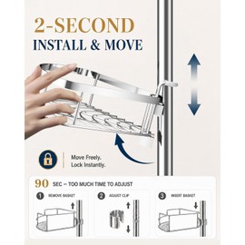 SEIRIONE Rustproof Shower Corner Caddy Organizer for Bathroom, 4 Adjustable Shelves with Tension Pole, for Bathtub Shampoo Accessories Storage Holder, 34 to 116 Inch Height, Silver