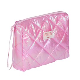 CECKQUE Women Trendy Quilted Puffy Makeup Bag, Aesthetic large checkered Travel Cosmetic Bag Skincare Beauty Toiletry Bag (Pink)