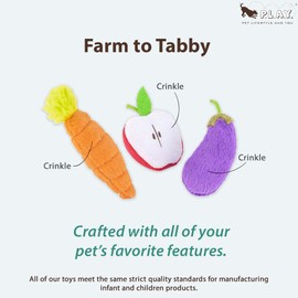 P.L.A.Y. Cute Cat Toys - Feline Frenzy Fruit & Vegetable Food Themed Catnip Filled Toy, Great for Adult Cats and Kittens - Machine Washable, Recycled Materials, Crinkles (Farm to Tabby, Set of 3)