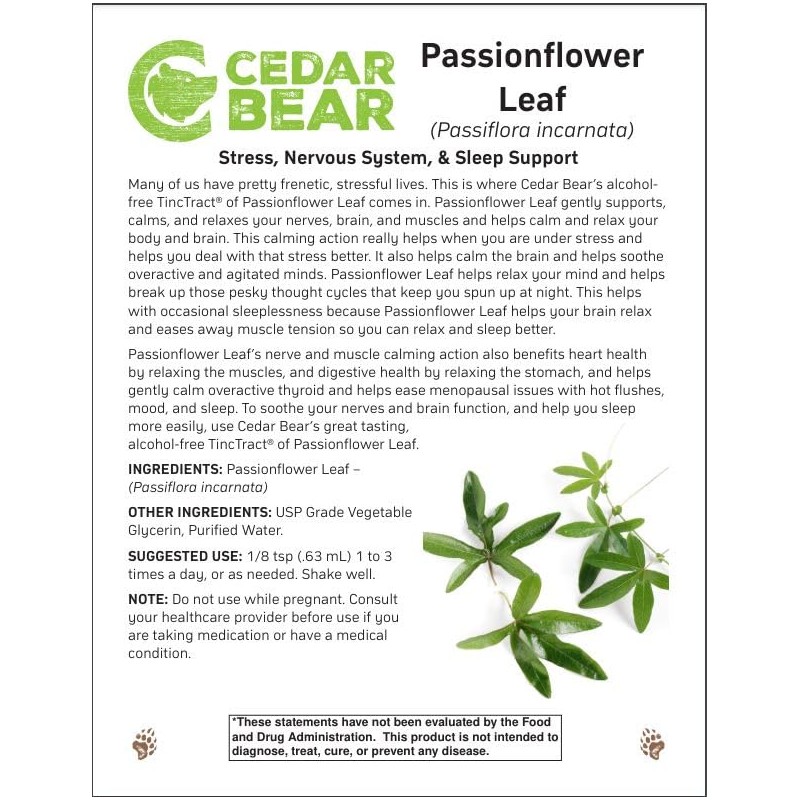 Cedar Bear Passionflower Leaf (Passiflora incarnata) for Stress, Nervous System,