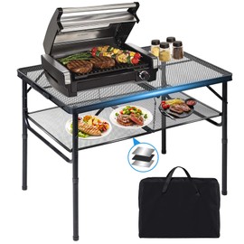 LALA IKAI 3x2 Ft Folding Grill Table, Adjustable Height Collapsible 2-Tier Iron Mesh Design Portable for Outdoor BBQ Cooking Camping Patio