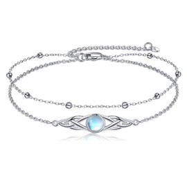 VONALA 925 Sterling Silver Irish Moonstone Anklet for Women Celtic Ankle Bracelet Moonstone Anklet Layered Chain Knot Viking Moonstone Jewelry
