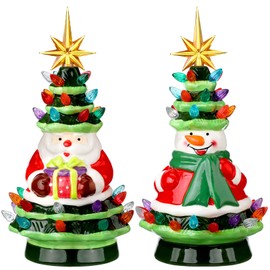 Umigy 2 Pcs 11" Ceramic Christmas Tree Vintage Ceramic Christmas Tree with Multicolored Lights Decorative Christmas Tree for Holiday Xmas Indoor Decorations