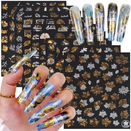 9 Sheets Fall Nail Art Stickers Decal, 3D Maple Leaf Nail Art Supplies Bronzing Two-Color Maple Squirrel Autumn Nail Stickers White Laser Gold Fallen Leaves Designs Thanksgiving Nail Art Decorations