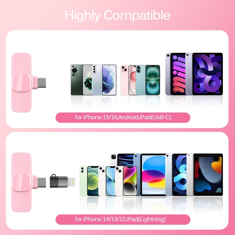 HONGJIEYUAN Pink Wireless Lavalier Microphone for iPhone & Android -