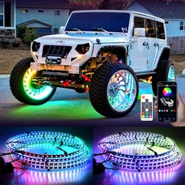 Goodream Wheel Lights for Truck, Double-Sided Glowing Ring Light Kits RGB LED Strip Tire Lights with Turn & Braking Signal for Car Pickup SUV Hub Controlled by Remote and APP (4PCS, 17inch)