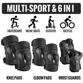 NHH Skateboard Knee Pads Set - 6 In 1 Protective Gear Set Knee Pads Elbow Pads and Wrist Guards for Kids Youth Adults Men and Women (Black-red, Medium)