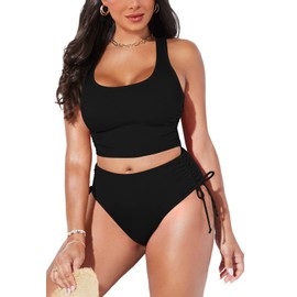 Pink Queen Women's Scoop Neck Racerback Ruched Crop Top High Waisted Bikini Sets 2 Piece Bathing Suit Swimsuit Black L