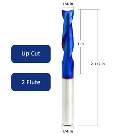 MAODWIN 2PCS CNC Router Bit 1/4 inch Shank Up Cut End Mill with Nano Blue Coating Solid Carbide Spiral Plunge Router Bits for Wood Cutting,Carving,Engraving&Milling Cut Tools