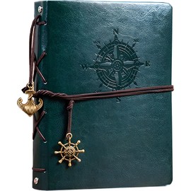 MINGZE DIY Photo Album, Leather Scrapbook Album, Black Pages, Photo Book for Gluing Photo Albums, Valentine's Day, Birthday, Anniversary, Gift, Women, Men, Compass (Small Green)