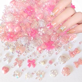 Euddty 600 Pieces 3D Nail Charms Multi Styles Pink White Flatback Resin Butterfly Nail Charms Rose Flower and Sharp Bottom AB Rhinestones Pearls for DIY Nail Art Decoration Making Craft
