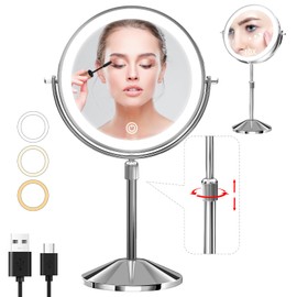 Omobolanle 8" Lighted Makeup Mirror, 10X Magnifying Mirror with Light 360° Rotation Double Sided Mirror with 3 Color Lights Brightness & Height Adjustable Rechargeable LED Light Up Mirror Silver