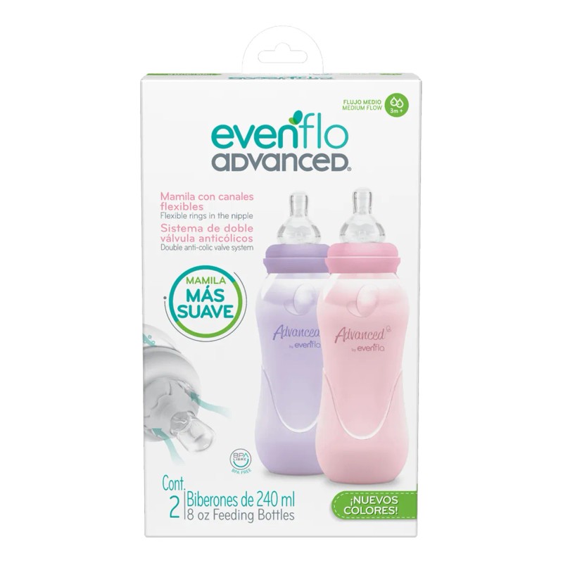 Pack x2 Biberones Evenflo 240ml Flujo Medio 3m+