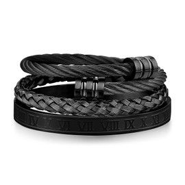 WFYOU 3PCS Stainless Steel Imperial Crown Bracelets for Men Gold Roman Numeral Bangle Bracelet Adjustable Cuff Bracelet Mens Luxury Jewelry Gifts (08:Black-Round)