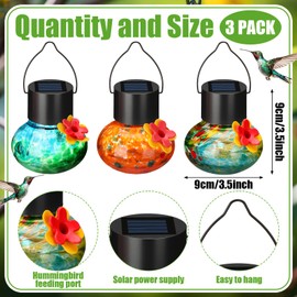 3 Pcs 3.54 Inch Blown Glass Hummingbird Feeders Solar Powered Hummingbird Feeder with LED Light for Garden Outdoors Window Decor Valentine Hanging Gifts Ant and Bee Resistant(Classic Colors)