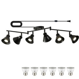 Black Dimmable 6 Light Plug in Ceiling Light Fixture,Modern Plug in Track Lighting,16.4ft Cord with Dimming Switch,6 Way Ceiling Spot Lighting,Flexibly Rotatable Light Head，6*LED Spot Bulbs Included