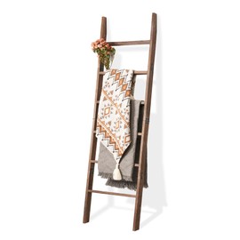 Blanket Ladder for The Living Room 6-Tier, Wooden Decorative Quilt Holder for Bed Room, Wall-Leaning Wood Towel Rack for Bathroom，Rustic Farmhouse Ladders for Display. (Washed Brown)