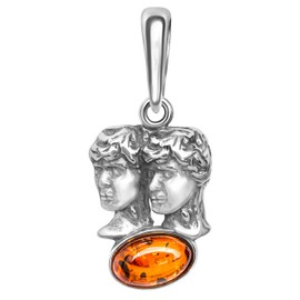 ANDANTE Premium Collection Genuine Baltic Sea Amber Pendant in 925 Sterling Silver Zodiac Sign Gemini Certified Gold of the Sea Colour Cognac, Genuine Baltic Sea natural amber certified, solid 925