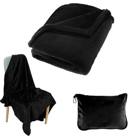 Travel Blanket & Pillow Set - Soft 2-in-1 Airplane Blanket, Bag Pillowcase, Hand Luggage Sleeve, Backpack Clip, Black