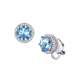 FindChic Sparkling Birthstone Clip On Earrings for Women, Silver Plated Round Stud Earrings Cubic Zirconia Non Pierced Studs, March/Aquamarine Birthday Jewelry Gift for Lover