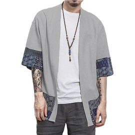 perdontoo Men's Cotton Kimono Jackets Loose Open Front Casual Cardigan (Grey, XL)