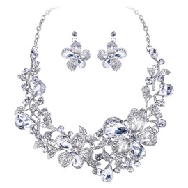 BiBeary Jewellery Set Bridal Women's Rose Flower Wedding Crystal Statement Necklace Pendant Earrings Set Party Prom, Crystal, Rhinestone