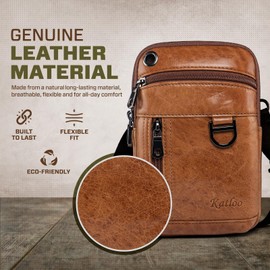 Katloo Top Layer Leather Double Pocket Men's Multifunctional Vintage Look Shoulder Bag for Cell Phone, Belt Bag, Crossbody, Outdoor Travel (Brown)