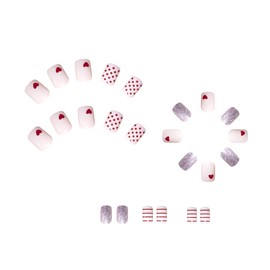 Valentine's Day Heart Glitter Nails - Short Square Press On False Nails with Glue - Red Lines & Spots - Full Cover - 24 Pcs DIY Manicure