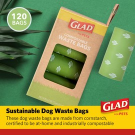 GLAD for Pets Compostable Waste Bags, Extra Large Size, 120 Count | Sustainable Dog Waste Bags Made from Cornstarch, Certified At-Home and Industrially Compostable Poop Bags