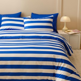 KAREVER Royal Blue White Stripes Comforter Set Cal King Size Royal Blue White Stripes Bedding Set 3 PCs Comforter Set California King Size Fluffy Linen Comforter Sets