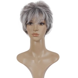 Deifor Old lady Short Messy Curly Synthetic Hair High Temperatuer Natural As Real Hair Wigs for Daily Use (Gray White Ombre)