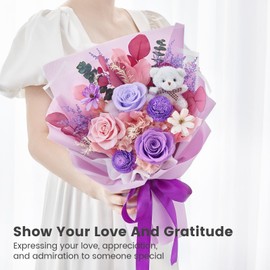 Polylove Mother Day Gift Preserved Flowers for Delivery Prime Forever Flowers Bouquet with Bear Flower Gift for Wife Women Birthday