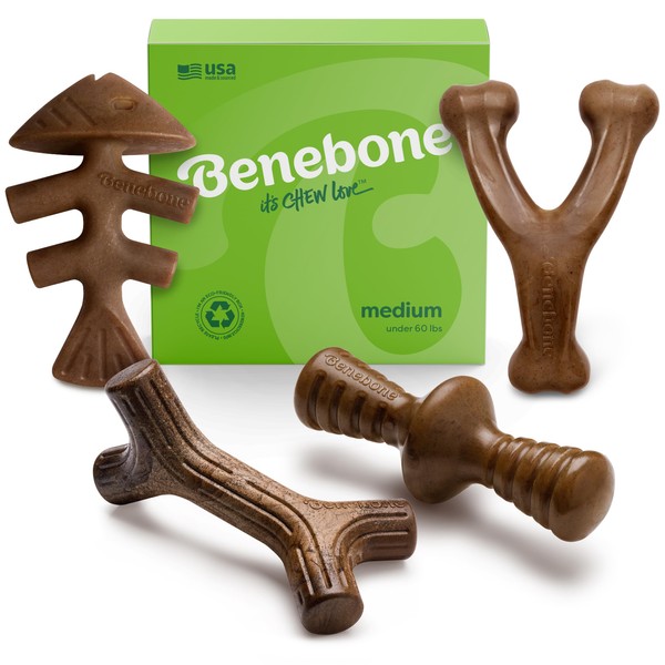 Benebone Medium Holiday 4-Pack Dog Chew Toys for Aggressive Chewers, Made in USA, 60lbs and Under