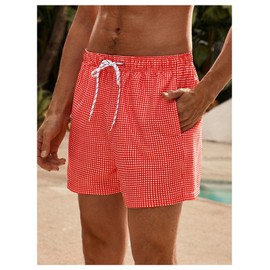 SHENHE Men's Gingham Plaid Swim Trunks Drawstring Hawaiian Surfing Beach Board Shorts Red Large