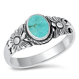 Flower Simulated Turquoise Fashion Bali Ring New .925 Sterling Silver Band Size 10