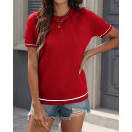 COSSEN Womens Tops 2025 Summer Short Sleeve Sweater Fashion Trendy Crew Neck Knit Pullover T Shirts XL Red