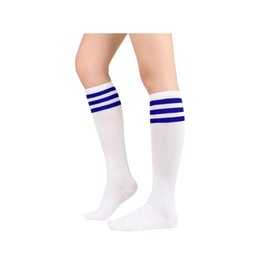Century Star Women's Knee High Socks Athletic Thin Stripes Tube Socks High Stockings Outdoor Sport Socks 1 Pack White Blue One Size