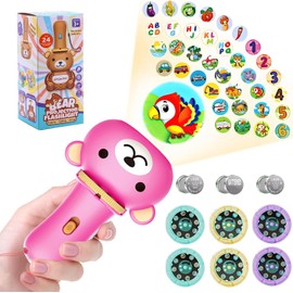 Torch Projector for Children, Torch and Projector with 6 Discs, Projection Light Toy, Dinosaurs, Transport Vehicles, Fruits and Numbers Torch Light (Pink)