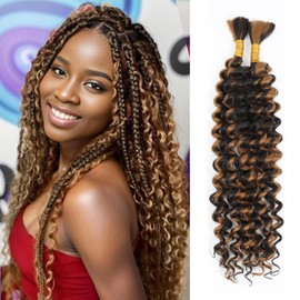 Human Braiding Hair Mix Synthetic Boho Hair for Braiding, 20 Inch Deep Wave Bulk for Boho Braids 2 Pcs Curly Bohemian Wet and Wavy Braiding Hair (P4/27#, 20 Inch)