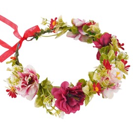 KorViSHOW Red Rose Flower Headband, Adjustable Boho Bridal Floral Crown Headpiece, Fairy Forest Flower Crown for Women Girls Renaissance Birthday Bride Wedding Festivals Party Hair Accessories