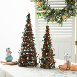 Glitzhome Set of 2 Easter Table Tree with Rattan and Berries for Spring Easter Party Supplies Props