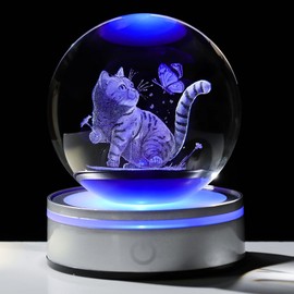 Movdyka Crystal Ball Cat Gifts for Cat Lovers Women Men, 3D Laser Cat Figurines Lamp Glass Animals Statue Home Office Decor, Cat Theme Gifts for Girls on Birthday Anniversary Christmas - 3.15"/8CM
