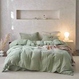 EAVD Solid Mint Green Duvet Cover Queen Soft Breathable 100% Cotton Muslin Linen Like Gauze Comforter Cover with 2 Pillowcases Modern Simple Mint Green Comforter Cover with Zipper Closure