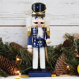 Christmas Holiday Wooden Nutcracker Figure Soldier Doll with Traditional Navy Blue Jacket Uniform with Gold Details, 10 Inch
