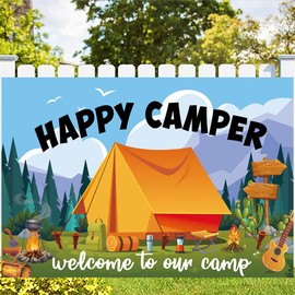 LOONELO Happy Camper Backdrop with 70.9"X43.3", Large Size Polyester Fabric Camping Backdrop Banner Sign, Camping Supplies Background Photography for Camping Themed Party Decoration Supplies (Yellow)