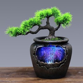 Kunghei 12Inch Fake Bonsai Tree Small Waterfall Fountain Indoor Tabletop Decoration with LED Lights and Water Flow, Resin Desktop Water Fountains Indoor Home Decor or Festival Birthday Surprise