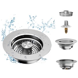 3 in 1 Kitchen Sink Drain Strainer-Stainless Steel Pop Up Kitchen Sink Stopper, Anti-Clogging Sink Food Catcher Basket, Fast Drainage Odor Filter Kitchen Sink Stopper for Standard 3 1/2 inch Drain