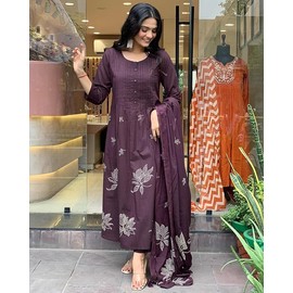 Sambhav Quilt Hub Women's Rayon Viscose Anarkali Printed Kurta with Pant & Dupatta, Wine, XX-Large