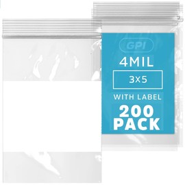 GPI - 3" x 5" - Bulk Pack of 200, 4 Mil Thick, Heavy Duty, Clear Plastic Reclosable Zip Bags, With Write-on White Block for Labeling, Strong & Durable Poly Baggies With Resealable Zipper Top Lock.